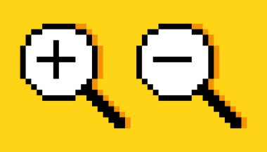 Piksel cinsinden artı ve eksi işaretli büyütme cam simgesi, beyaz arkaplanda izole edilmiş düz stil vektör çizimi