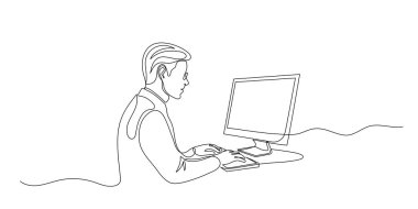 Dizüstü bilgisayarla çalışan bir adam, sanat eseri tarzı. Vektör çizimi. Düzenlenebilir bir doğru