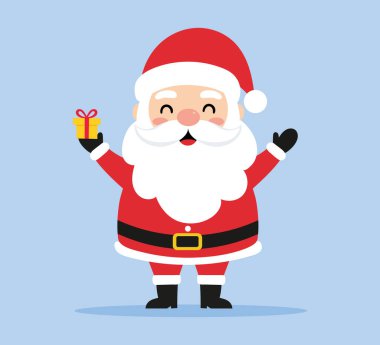 Noel Baba çizgi filmi. Noel Baba 'nın elinde düz bir şekilde hediye kutusunu tutmasının vektör çizimi.