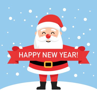 Noel Baba Mutlu Noeller ve Mutlu Yıllar kartı taşıyor, düz stil vektör illüstrasyonu.