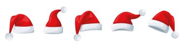 Noel şapkası. Noel şapkası seti. Noel süsü. Noel Baba şapkası. Vektör İllüstrasyonu.