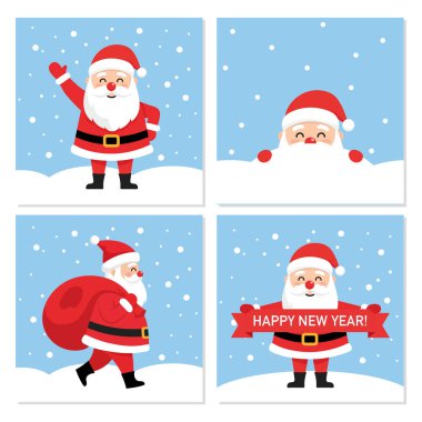 Noel, yeni yıl ve kış tebrik kartları seti içinde şirin komik Noel Baba 'lar. Düz çizgi film tarzında Noel posterinin vektör illüstrasyonu