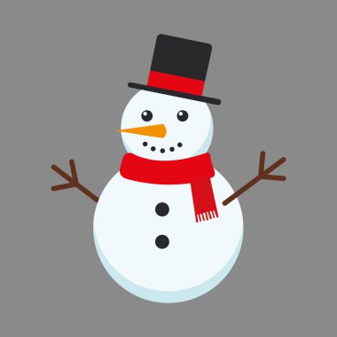 Mavi-gri arka planda eşarplı bir kardan adam. Düz dizayn. Vektör illüstrasyonu