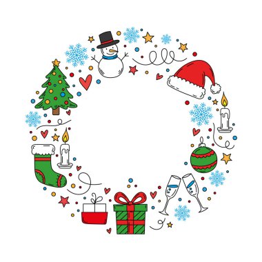 Elle çizilmiş Noel çelengi şenlikli karalamalardan yapılmıştır. Hediye çemberi çerçevesi, Noel Baba şapkası, kar taneleri, ağaç, mumlar, süsler ve kutlama sembolleri.