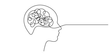 Kafa karışıklığı, insan profili, düzenlenebilir çizgi, vektör kavramları. Aralıksız bir çizgi