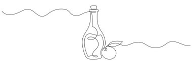 Cam bir şişede sürekli zeytinyağı çizimi, vektör illüstrasyonu. Devamlı çizim tarzında zeytinyağı. Düzenlenebilir satır.