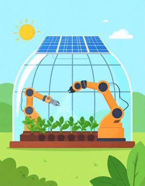 Gelecekteki akıllı bir çiftliğin tasviri. Güneş enerjisi ve rüzgar türbinleriyle çalışan bir serada robot kollar. Yenilik ve temiz enerjiyi temsil ediyor. Teknoloji, çevre ve sürdürülebilir gelecek kavramları için. Üretici yapay zeka