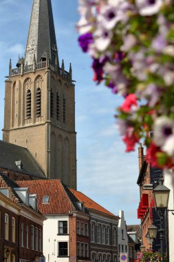 Hollanda, Gelderland, Doesburg 'da Martinikerk kilisesinin çan kulesine sahip geleneksel ortaçağ evleri. 