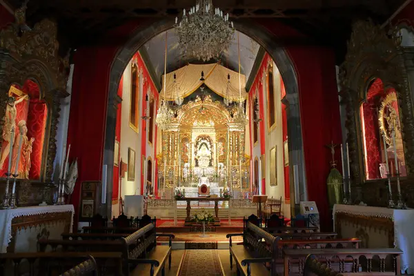 stock image SANTA CRUZ DE LA PALMA, LA PALMA, CANARY ISLANDS, SPAIN - OCTOBER 6, 2023: The ornate interior of Sanctuary of Nuestra Senora de las Nieves, with a carved wooden ceiling