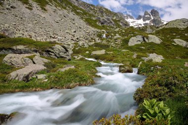 A mountain stream descending the valley of the petite Sassiere, Sainte Foy Tarentaise, Northern French Alps, Savoie, France, close to the mountain refuge of Ruitor and with the mountain peak Les Oeillasses in the background clipart