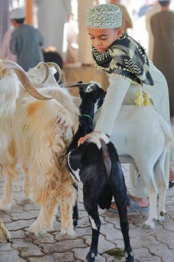 NIZWA, AL DAKHILIYAH, OMAN - DECEMBER 20, 2024: Portrait of an Omani little boy traditionally dressed attending the Goat Market and taking care of his goat clipart