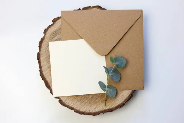 木製板の上に緑の葉が付いている茶色の封筒の空白のカード — ストック写真