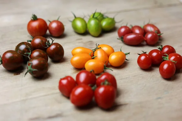 Variety Fresh Multicolored Tomatoes Wooden Table — Stock Photo, Image