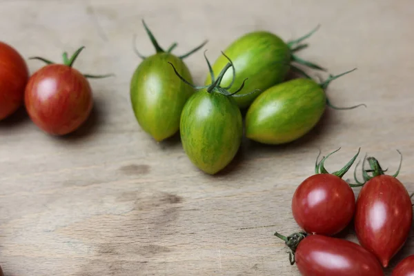 Variety Fresh Multicolored Tomatoes Wooden Table — Stock Photo, Image