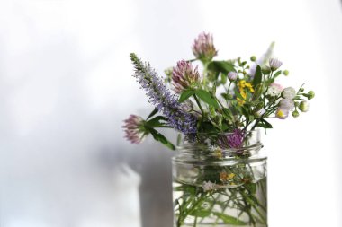 seçici odak noktası güneş altındaki cam kavanozdaki yabani çiçekler.