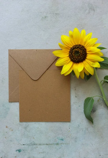白いメッセージカードと明るい黄色のサンフラワーが付いている茶色の封筒 — ストック写真