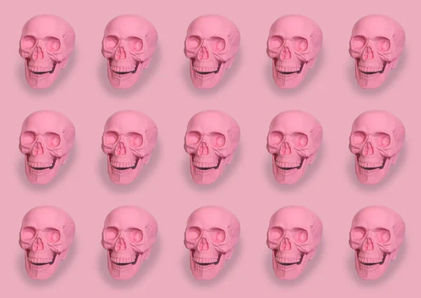 Pasztell Rózsaszín Koponyák Minta Rózsaszín Háttér Halloween Koncepció — Stock Fotó