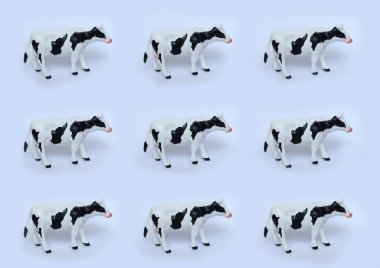 Beyaz arkaplan desenli plastik oyuncak inekler 