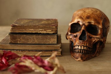 halloween still life with human skull, pile of vintage books and dried red flowers clipart