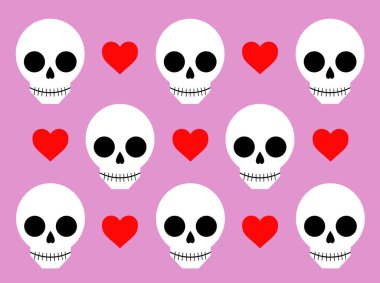 Pembe arka planda kafatasları ve kalpleri olan kusursuz bir desen.