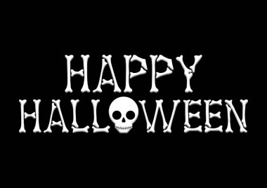 Siyah arka planda beyaz kafatasıyla Mutlu Cadılar Bayramı metinleri.