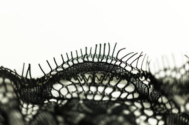 Doku, arka plan, desen. Dantelli siyah kumaş. Beyaz arkaplanda siyah dantel