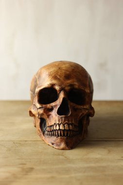 Ahşap masada insan kafatası. Cadılar Bayramı konsepti Seçici odak.