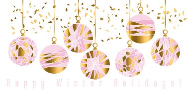 Noel süsleri kartı, lüks pastel renkte. Gül rengi ve altın rengi Noel topları vektörü. Başlık, kartpostal, poster, pankart, davetiye için modern Noel klibiName.