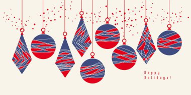 Soyut çizgiler Noel süsleri kartı mavi ve kırmızı. Klasik renkler Noel topları vektörü. Xmas mücevherleri başlık, kartpostal, poster, bayrak, davetiye için tırmanıyor.