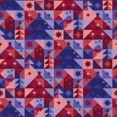 Noel ağacı ve yıldızlar mor ve mercan renginde geometrik şekilsiz desen, arkaplan, kumaş, tekstil, ambalaj, yüzey, ağ ve iz tasarımı için. Xmas vektör uyumunu kavra.