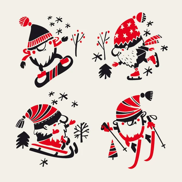 Gnomi Degli Sport Invernali Silhouette Gnomi Sci Snowboard Gnomi Natale — Vettoriale Stock