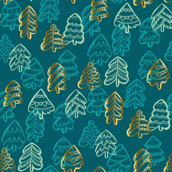 Teal Ouro Natal Sem Costura Padrão Xmas Árvore Floresta Azulejo — Vetor de Stock