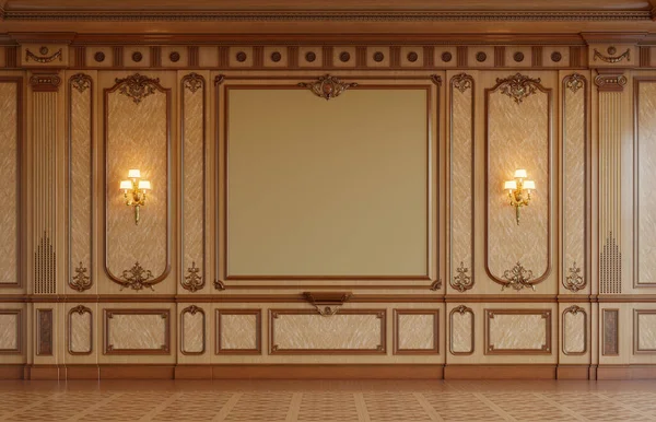 Wood Paneled Wall Gold Trim Two Lamps Rendering — Stock Photo, Image