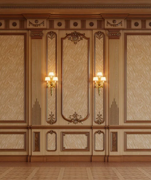 Wood Paneled Wall Gold Trim Two Lamps Rendering — Stock Photo, Image