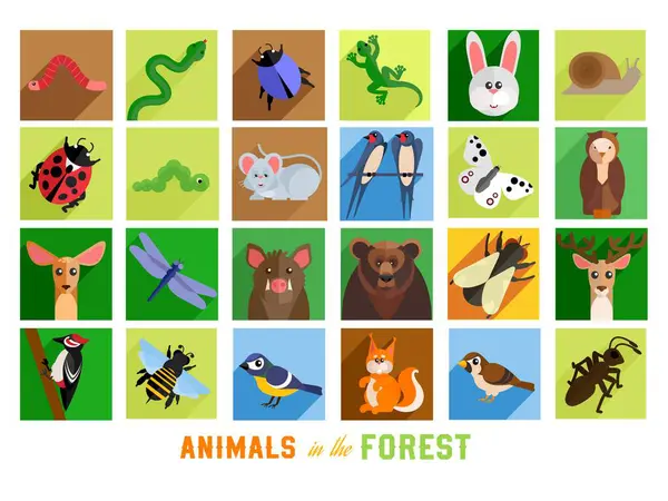 Collection of icons with forest dwellers. Birds, insects and animals of the forest. Illustration for children.