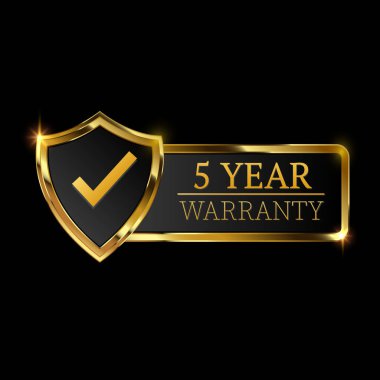 Altın kalkanlı ve altın kurdeleli 5 yıllık garanti logosu. Vektör illüstrasyonu.