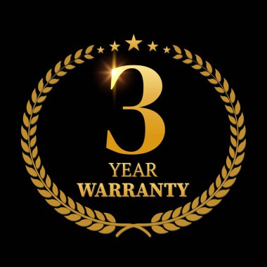 Altın kalkanlı ve altın kurdeleli 3 yıllık garanti logosu. Vektör illüstrasyonu.