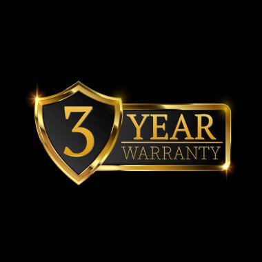 Altın kalkanlı ve altın kurdeleli 3 yıllık garanti logosu. Vektör illüstrasyonu.