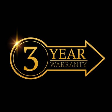 Altın kalkanlı ve altın kurdeleli 3 yıllık garanti logosu. Vektör illüstrasyonu.