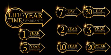 Altın garanti logosu, vektör altın garanti numarası. 7, 30, 3, 1, 2, 3,6, 5, 10, 15, 20 yaşam süresi, logo tasarımı. vektör illüstrasyonu