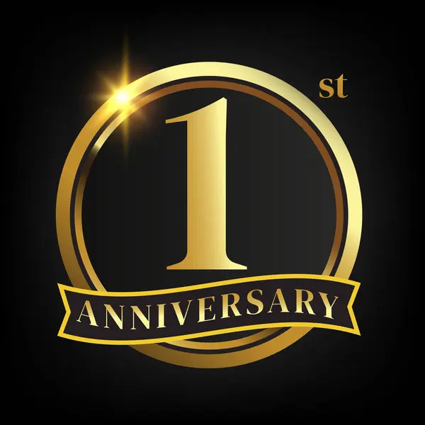 Logotipo Del Primer Aniversario Oro Con Corona Laurel Cinta Oro Ilustraciones de stock libres de derechos