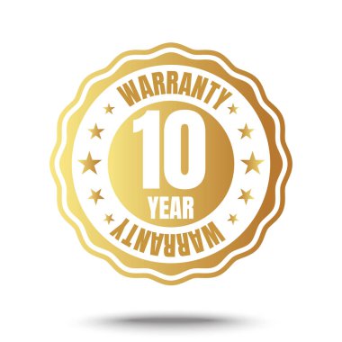 Altın kalkanlı ve altın kurdeleli 10 yıllık garanti logosu. Vektör illüstrasyonu.