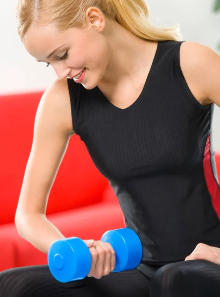 Young Happy Smiling Woman Sportswear Doing Fitness Exercise Dumbbells Indoors — Stock Photo, Image