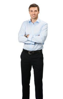 tam vücut mutlu neşeli iş adamı, beyaz arka plan üzerinde gülümseyen genç portresi