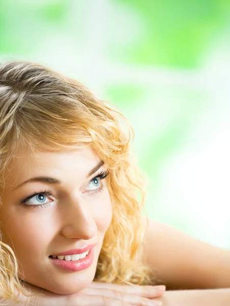 Portrait Happy Cheerful Smiling Thinking Young Beautiful Blond Woman Indoors — Stock Photo, Image