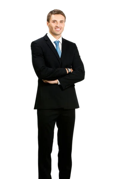 Portrét Celého Těla Mladých Spokojený Úsměv Veselý Obchodní Muž Bílé — Stock fotografie
