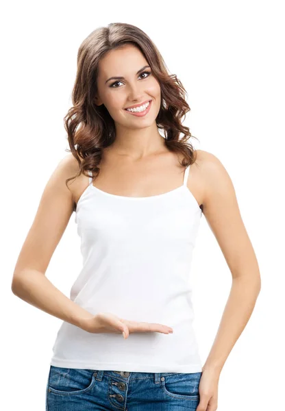 Happy Smiling Beautiful Young Woman Showing Copyspace Something Isolated White — Stock Photo, Image