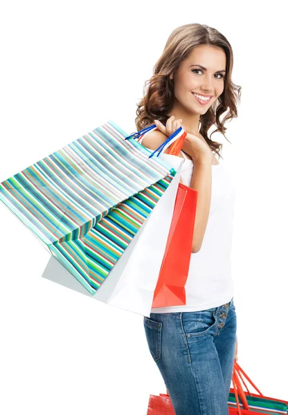 Portrait Young Happy Smiling Woman Shopping Bags Isolated White Background — Stock Photo, Image