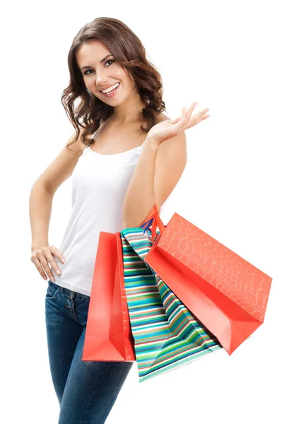 Retrato Jovem Feliz Sorrindo Mulher Com Sacos Compras Isolado Sobre — Fotografia de Stock