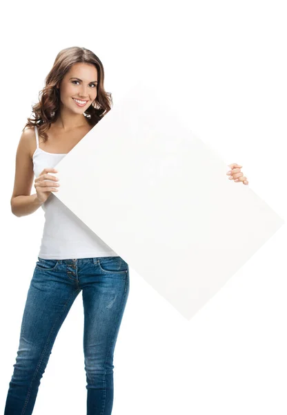 Feliz Sonrisa Hermosa Mujer Joven Mostrando Letrero Blanco Espacio Copia — Foto de Stock